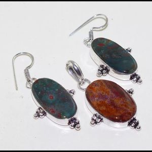Bloodstone Pendant & Earring Sterling Silver